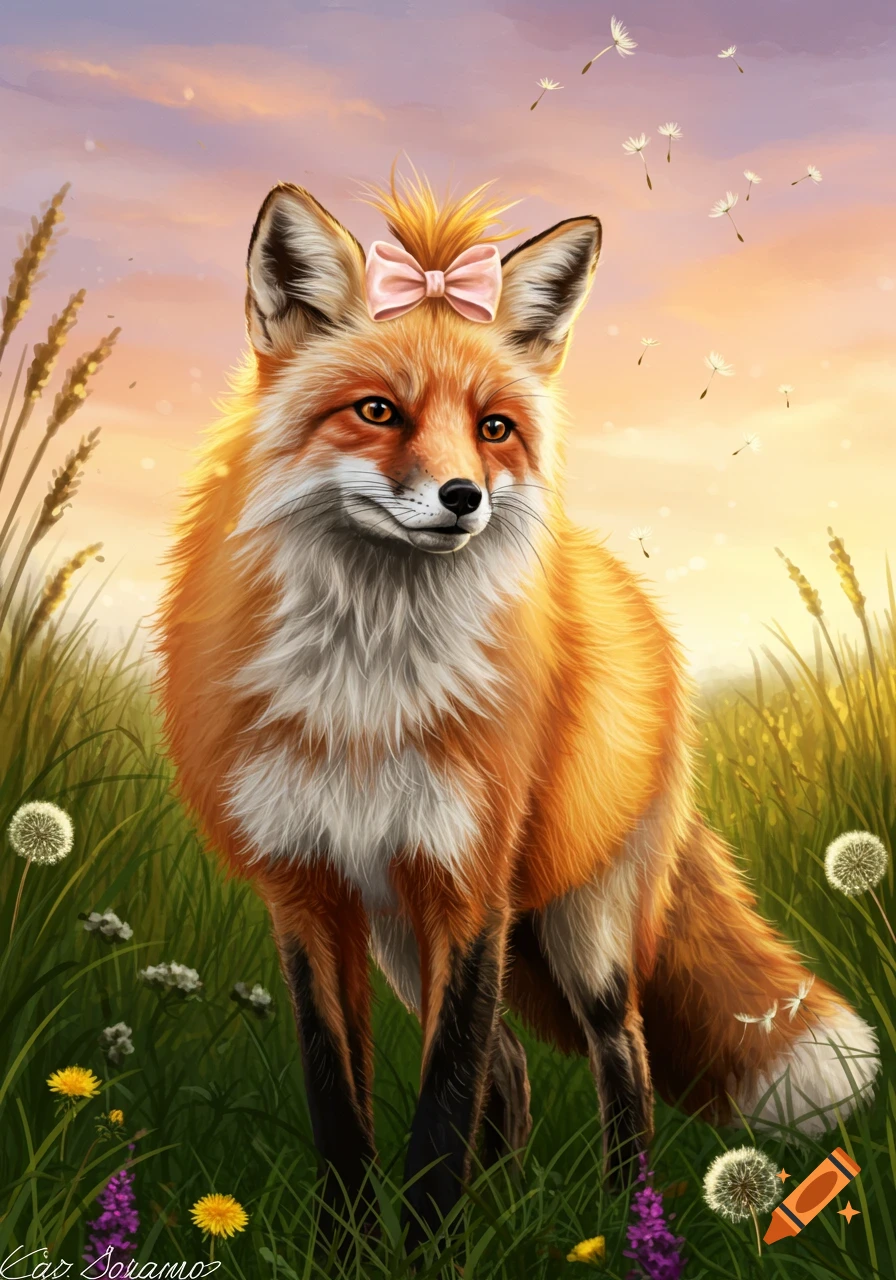 A vibrant digital art illustration of a red fox wearing a pink bow, standing in a sunny grassy field with dandelions at sunset.