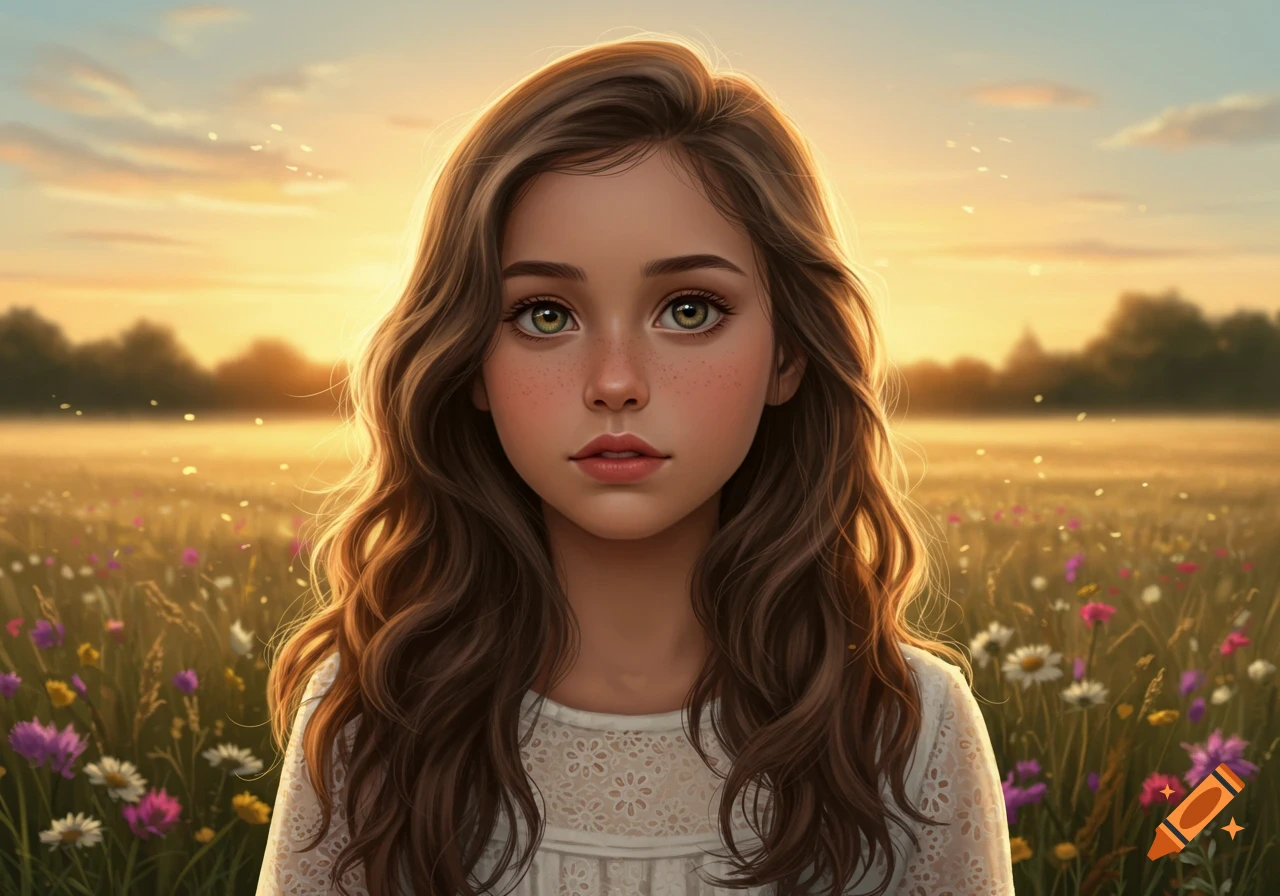 Digital illustration of a young girl with long wavy brown hair, green eyes, and freckles, standing in a sunlit field of wildflowers.