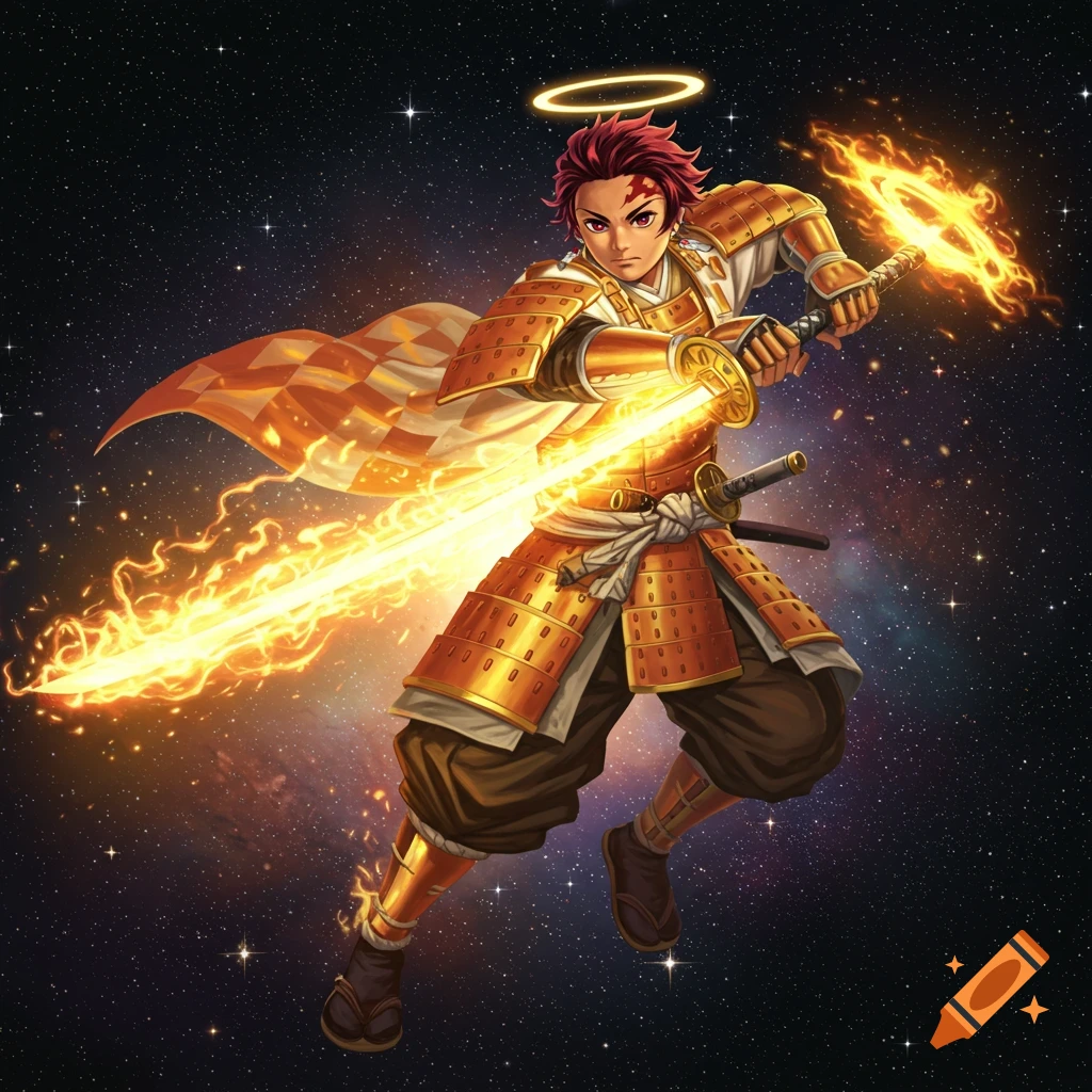 Tanjiro Kamado in golden samurai armor, wielding a fiery sword, with a halo, against a starry space background.