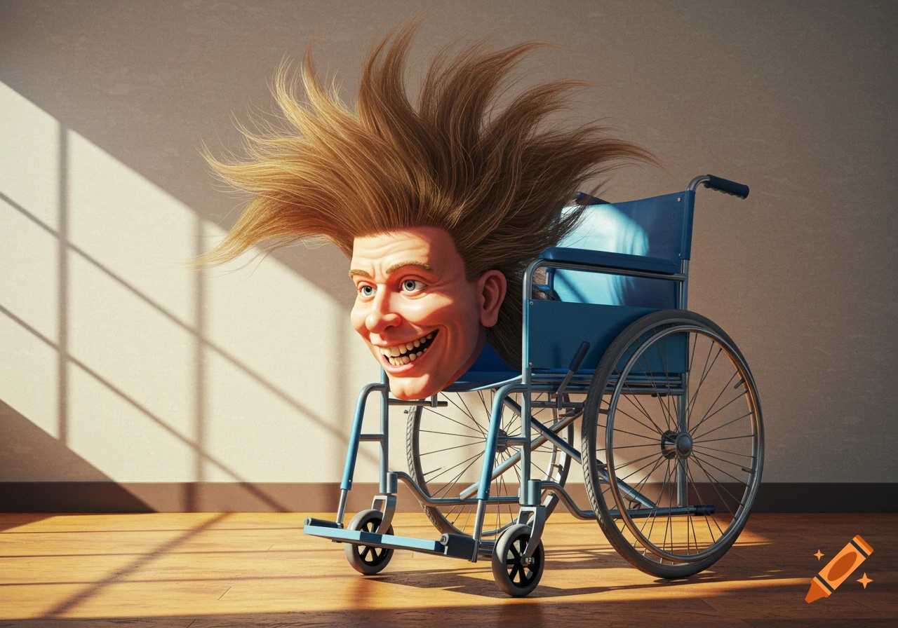 An extra-large, smiling, cartoonish head with spiky blonde hair sits in a blue wheelchair on a wooden floor, lit by sunlight.