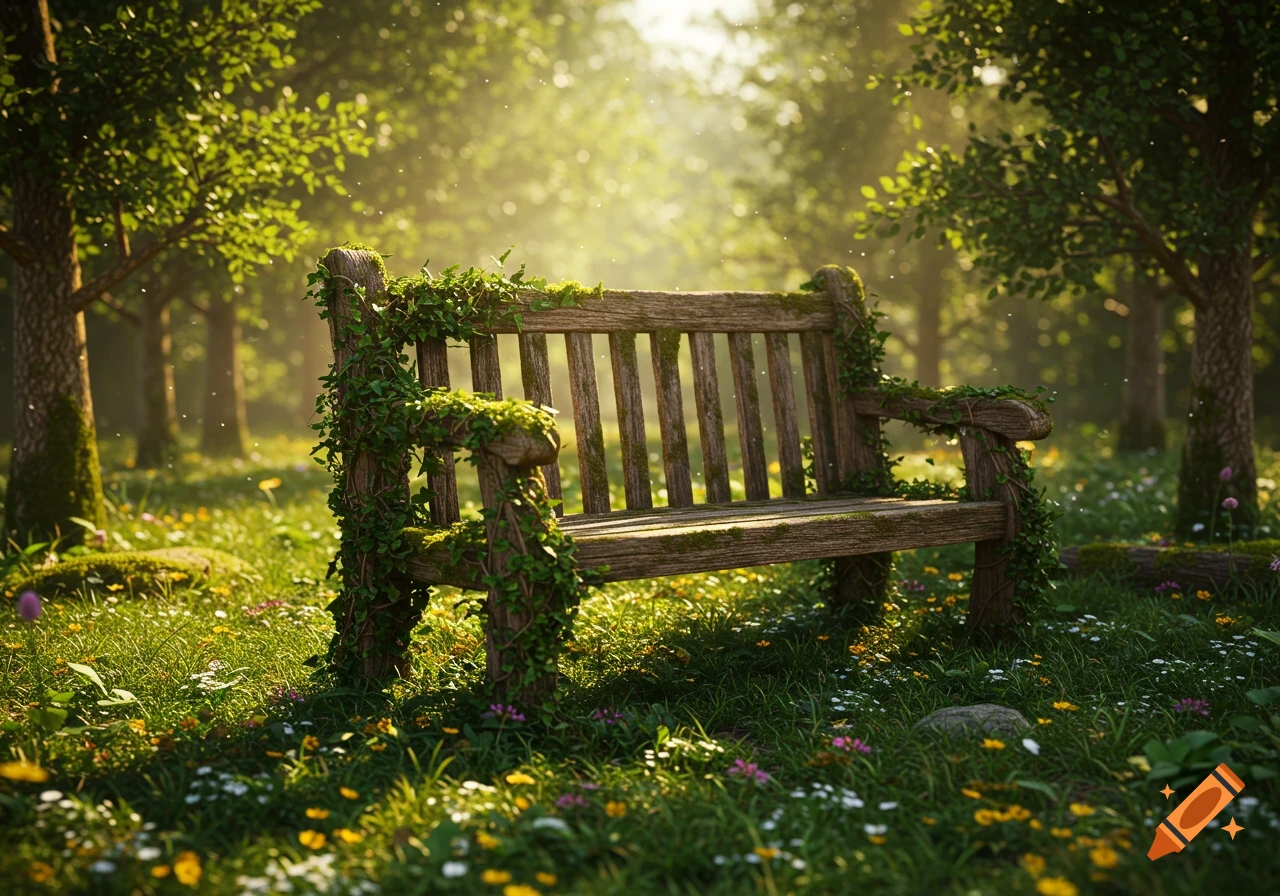 A mossy wooden park bench in a sunny, vibrant green forest glade with wildflowers, glowing light, and dappled sunbeams. Photorealistic.