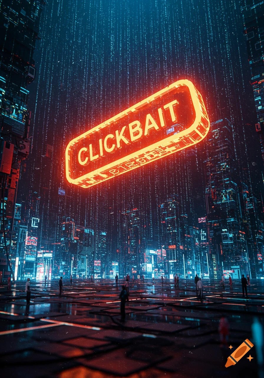 A futuristic cyberpunk city at night with a large, glowing orange neon sign reading 'CLICKBAIT' floating above dark streets.