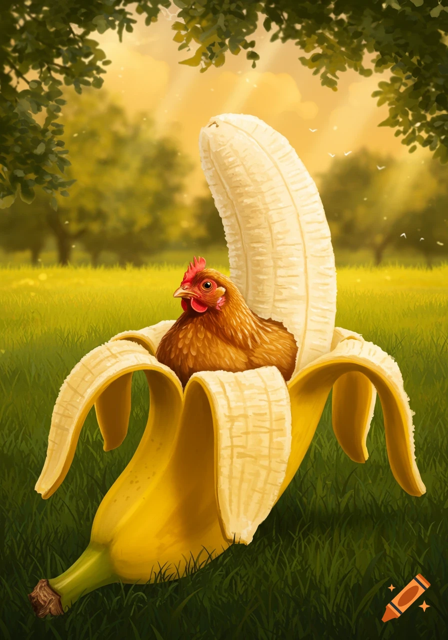 A brown chicken sits inside a partially peeled yellow banana, which rests on green grass in a sun-dappled outdoor scene.