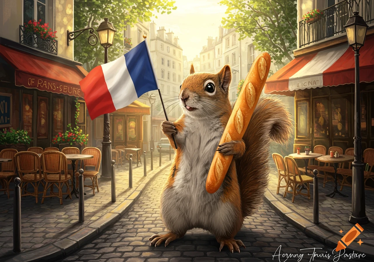 A cute squirrel stands on a cobblestone street in Paris, holding a French flag and a large baguette, with cafes in the background.