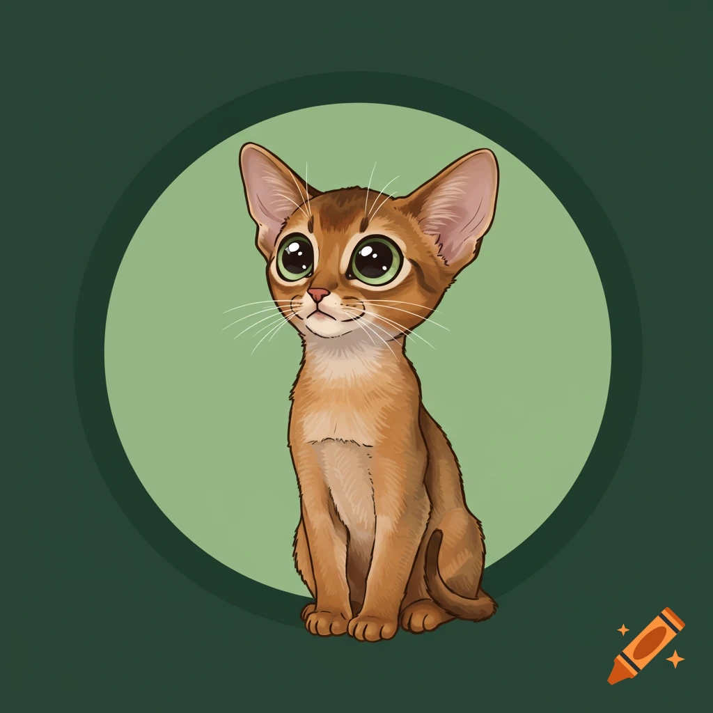 A cute cartoon Abyssinian cat with big green eyes sits within a light green circle against a dark green background.