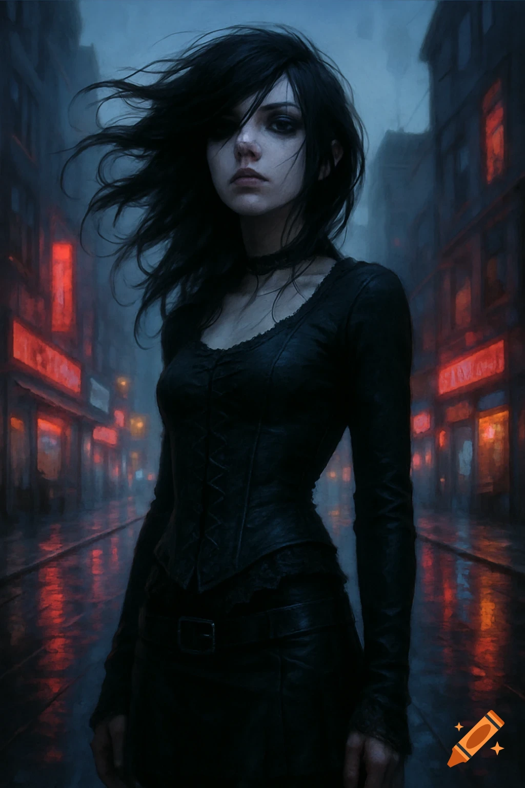 A dark-haired woman with emo style stands on a wet, rainy city street at night, illuminated by red neon reflections.