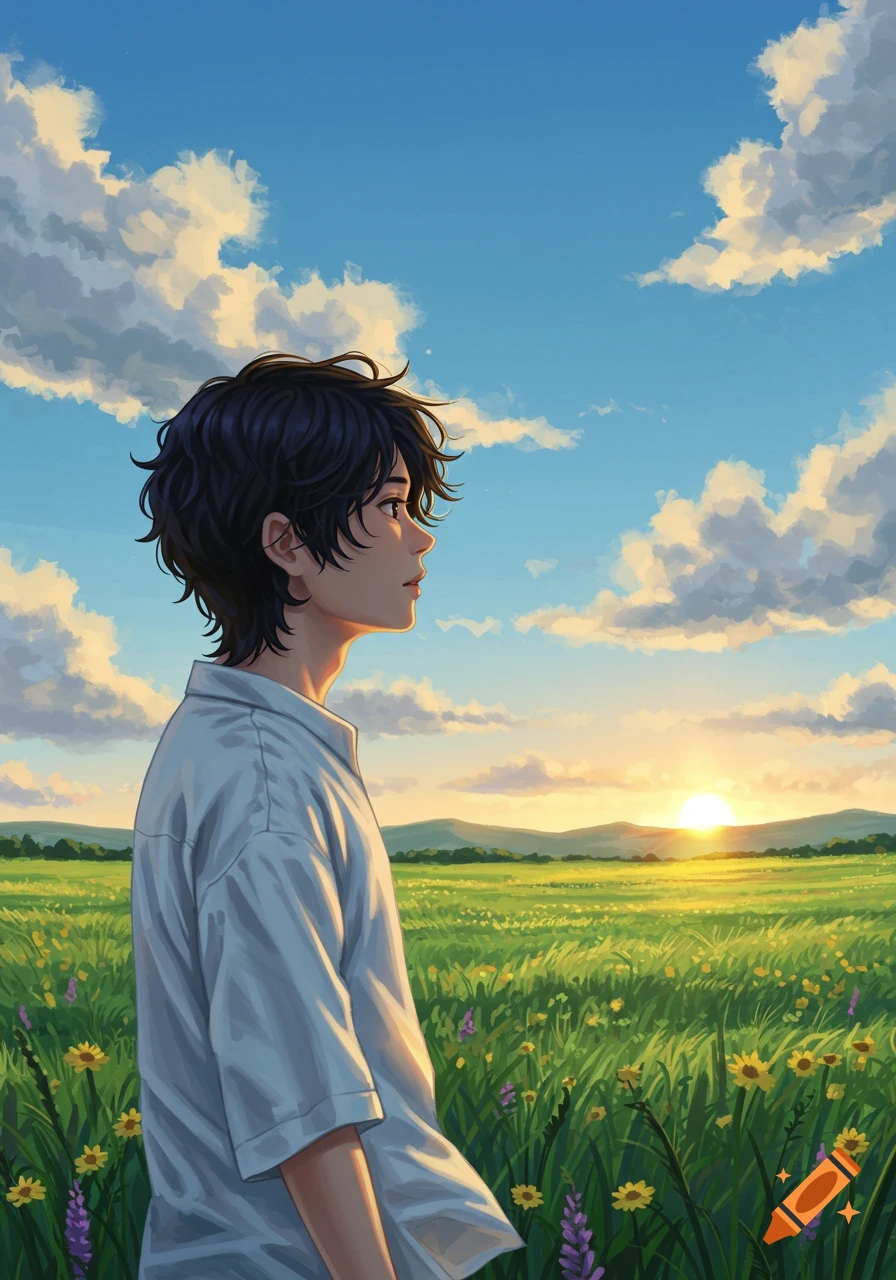 An anime boy with dark hair looks into the distance in a green field with wildflowers at sunset.