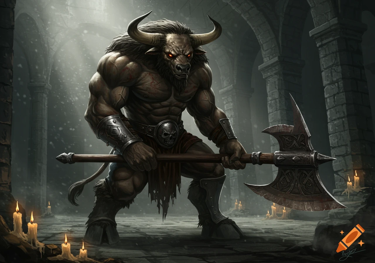 A formidable minotaur with red eyes holds a large bloodied axe in a dimly lit, candle-strewn dungeon.