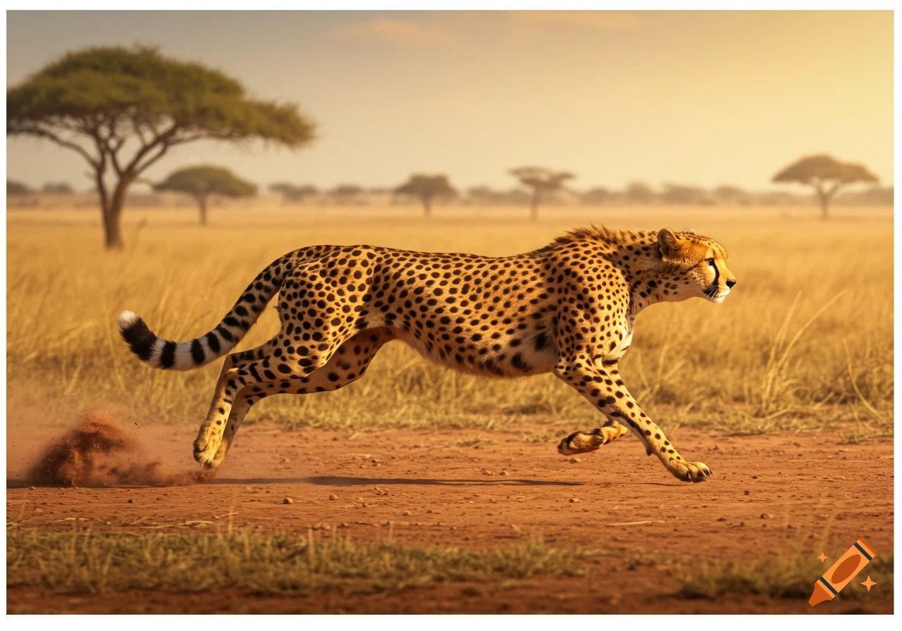 A photorealistic image of a cheetah running across a dry, dusty savanna at sunset, kicking up dirt.