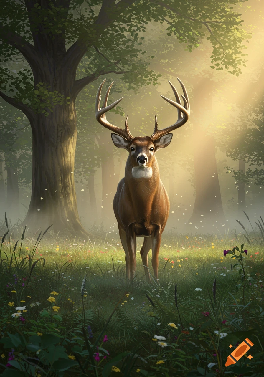 A large buck deer with prominent antlers stands in a sunlit forest clearing filled with green grass and wildflowers.