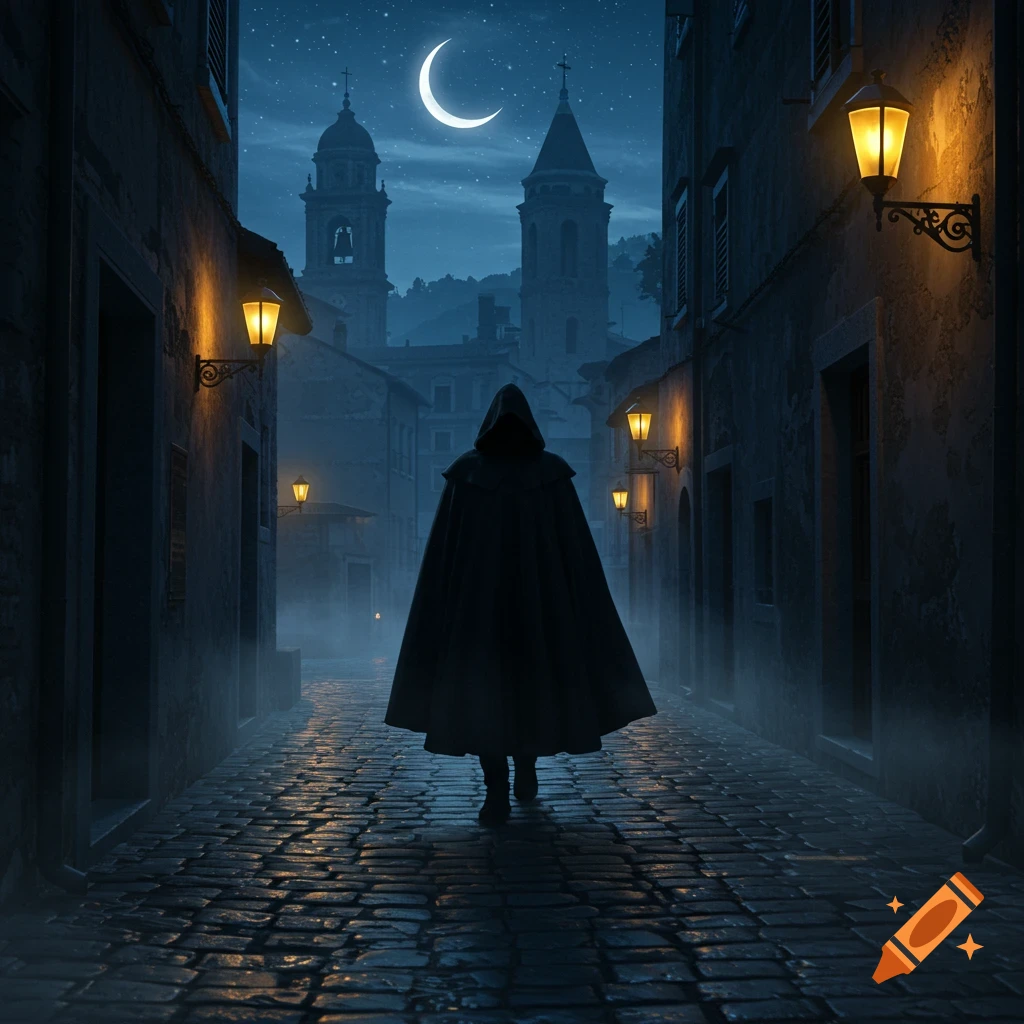A mysterious cloaked figure walks down a dark, misty cobblestone alley at night, lit by streetlights under a crescent moon.