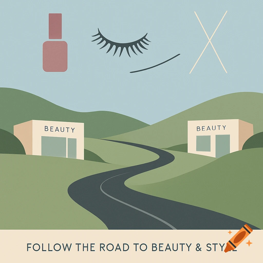 A minimalist illustration of a winding road through green hills under a blue sky, leading to two 'BEAUTY' shops. Icons of nail polish, eyelashes, and threading sticks float above. Text at bottom reads 'FOLLOW THE ROAD TO BEAUTY & STYLE'.
