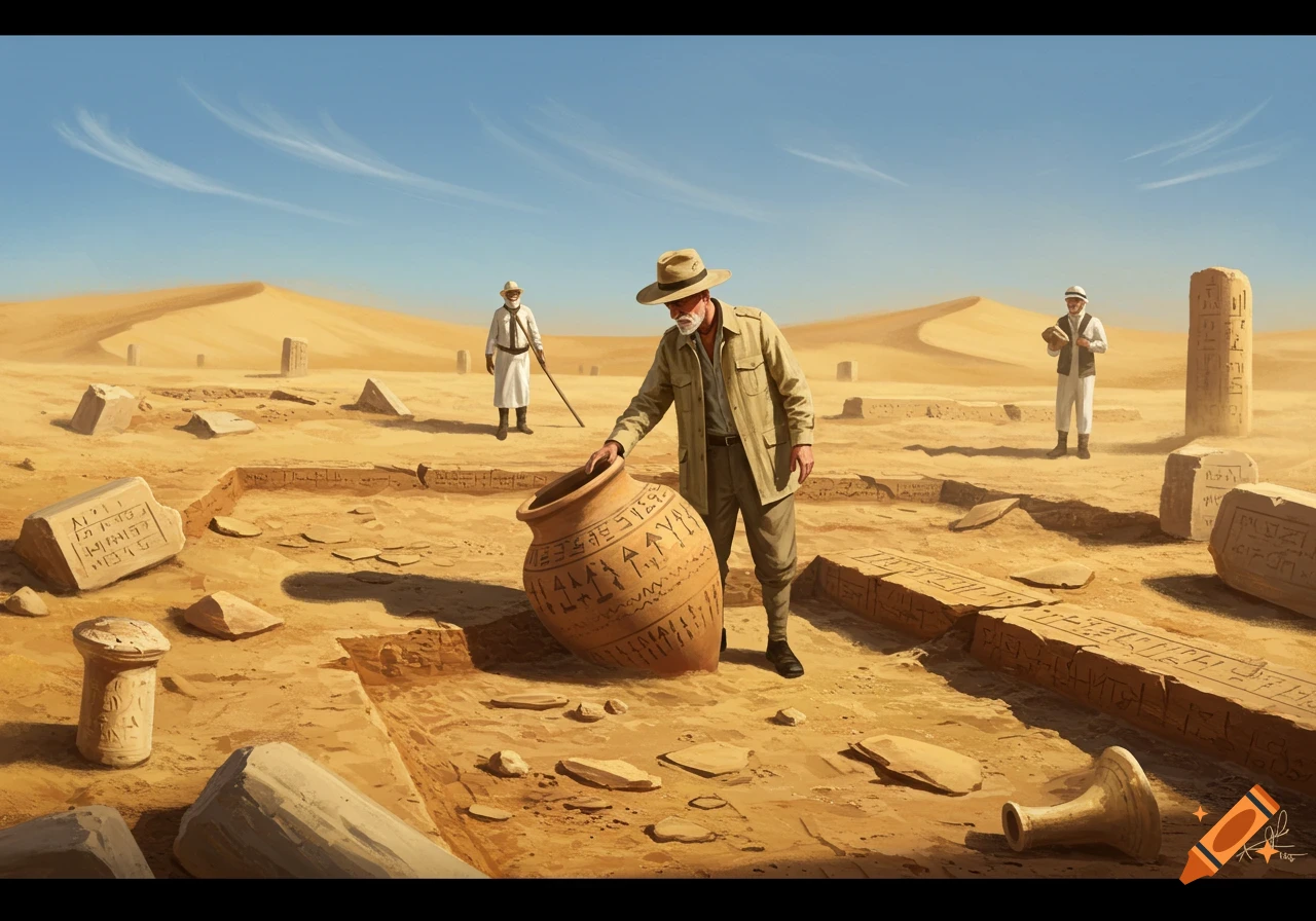 Archaeologists excavate ancient artifacts, including a large pot with symbols and stone slabs, in a vast desert.