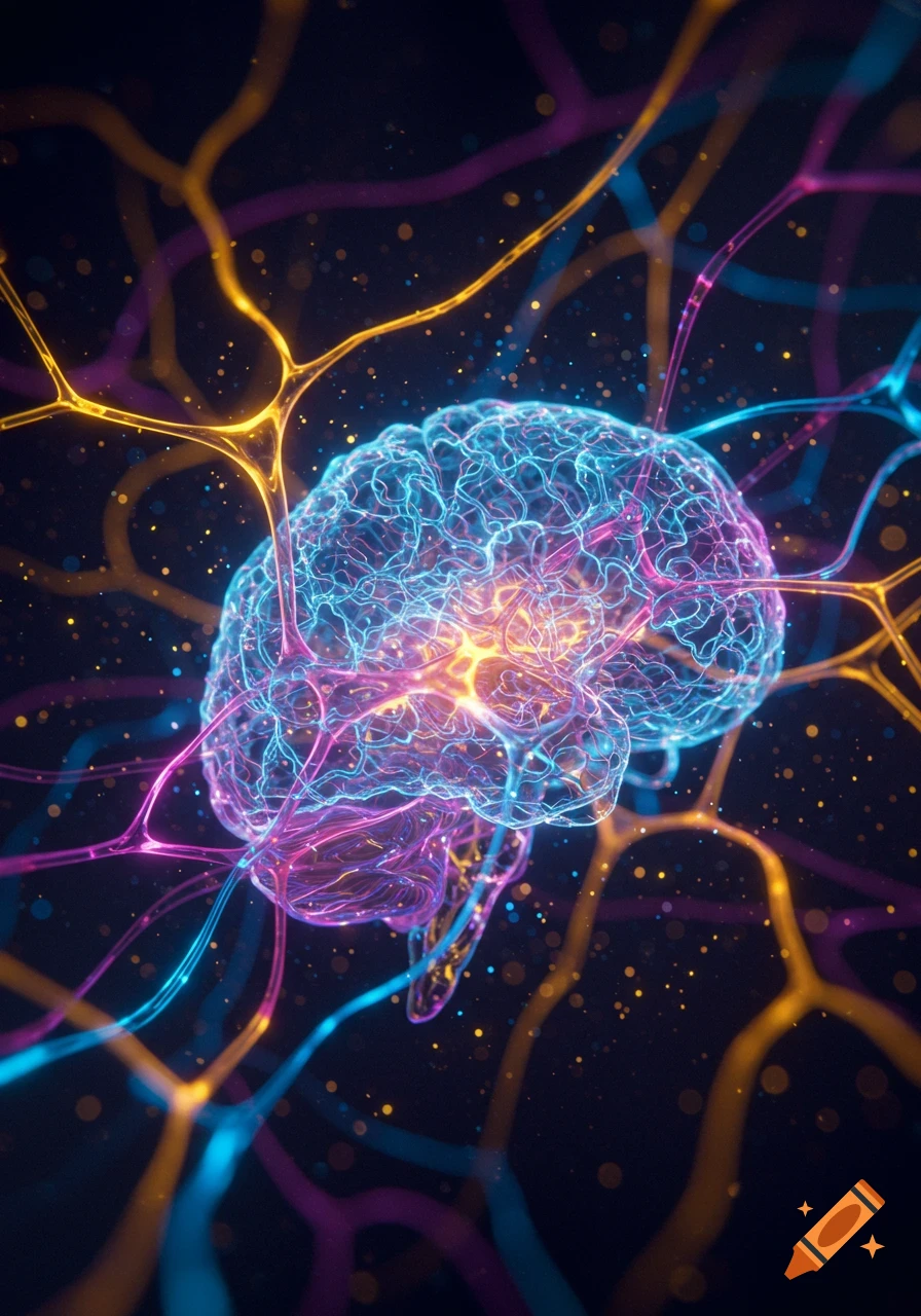 A glowing, translucent brain with neon blue, pink, and yellow neural pathways on a dark, sparkling background.