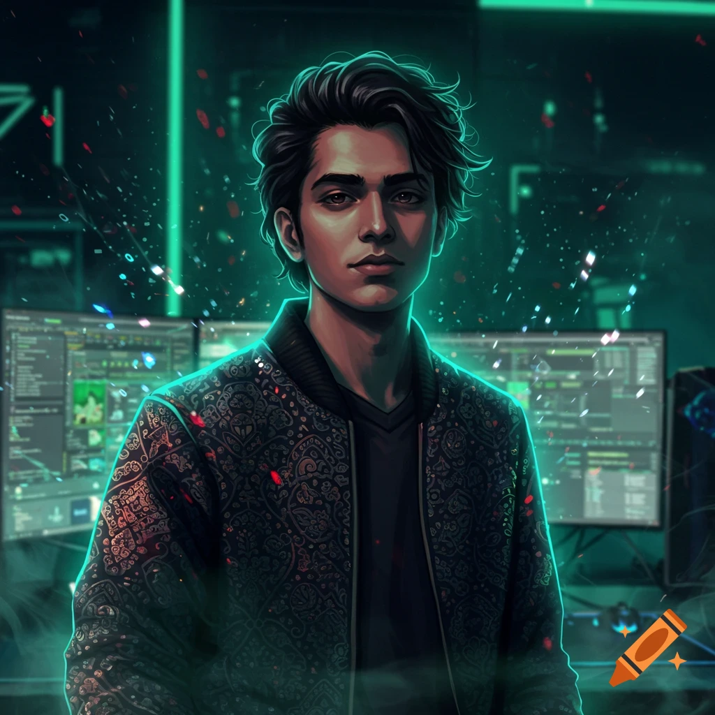 An illustrated portrait of a young man with dark, wavy hair, wearing a patterned jacket, standing in a neon green-lit room with computer screens in the background.