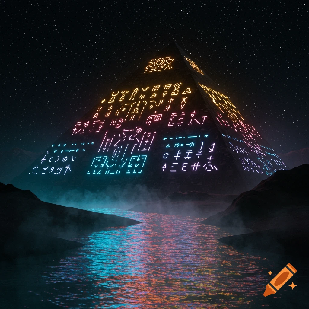 A dark pyramid covered in colorful neon symbols stands beside a glowing neon river under a starry night sky.