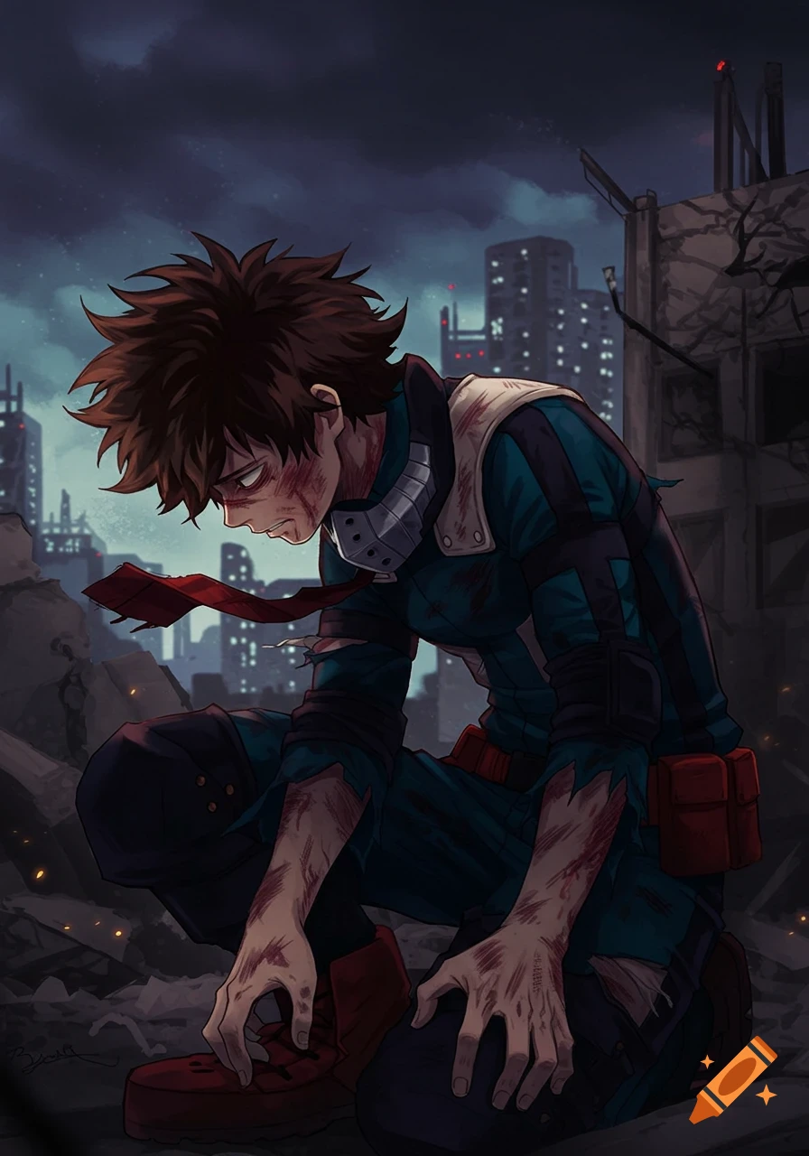An anime character resembling Izuku Midoriya, bruised and wounded, crouches in a destroyed city at dusk.