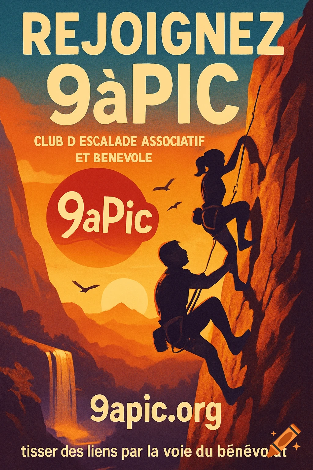 Vintage-style poster shows two silhouetted climbers on a rock face at sunset with mountains, waterfall, and text for a climbing club.