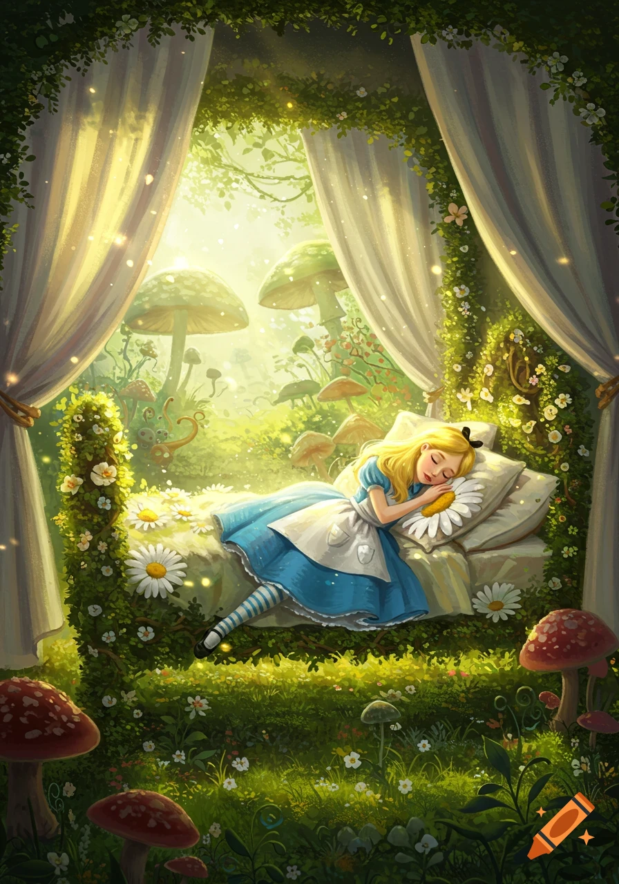 A blonde girl in a blue dress, Alice, sleeps peacefully on a daisy-decorated bed in a magical forest with giant mushrooms and sun-drenched curtains.