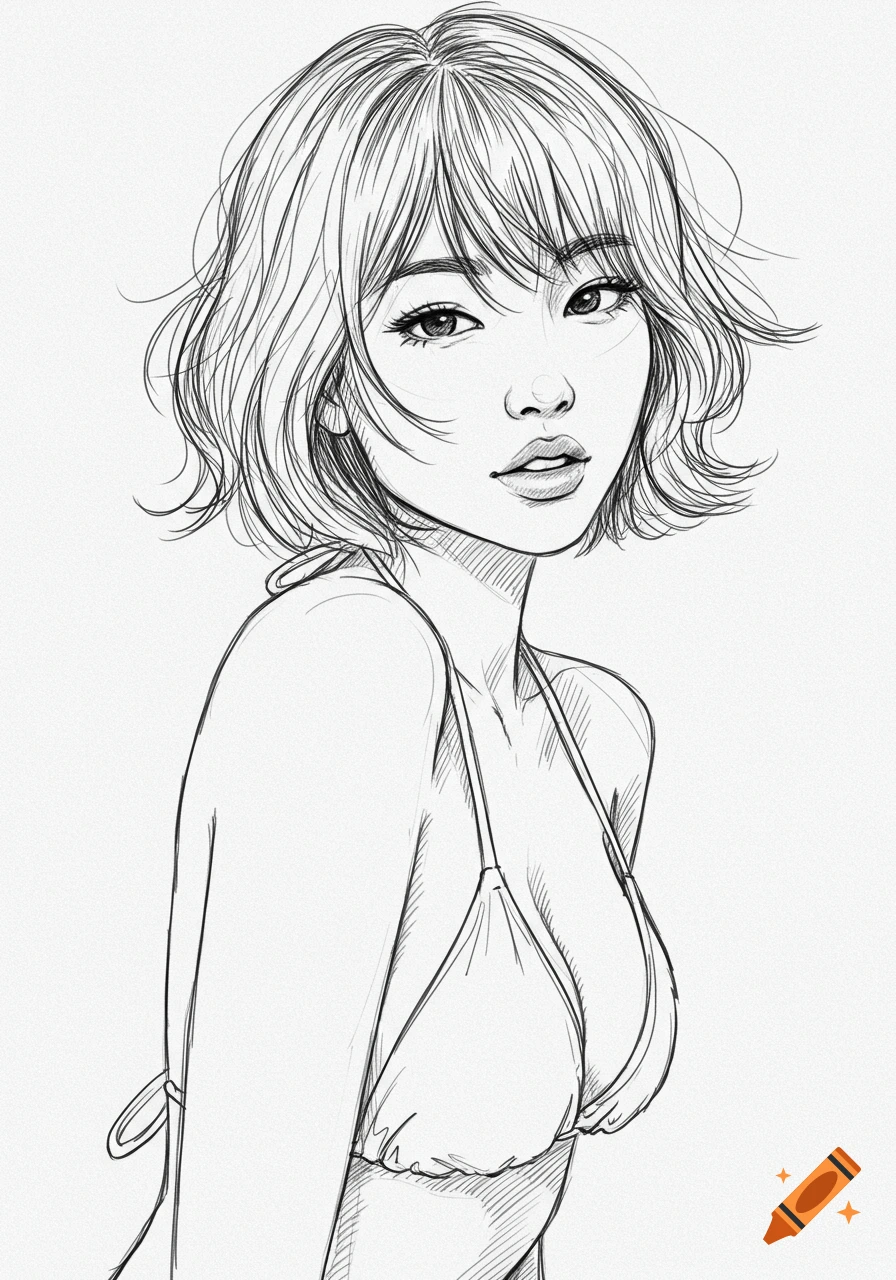 Digital pencil line sketch of an Asian woman with short, wavy hair and bangs, wearing a bikini top, looking forward with slightly parted lips.