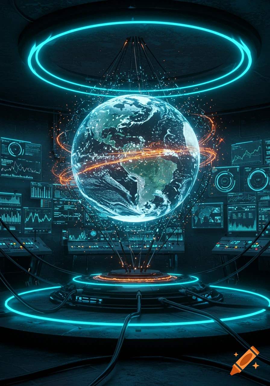 A holographic Earth floats in a futuristic control room with glowing blue neon rings, data streams, and multiple screens displaying graphs.
