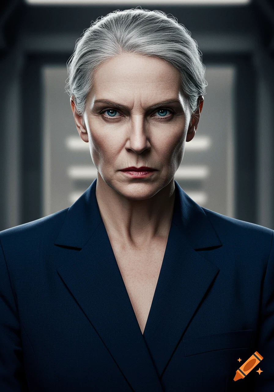 Photorealistic portrait of a mature woman with gray hair and intense blue eyes, wearing a dark blue blazer and a stern expression.