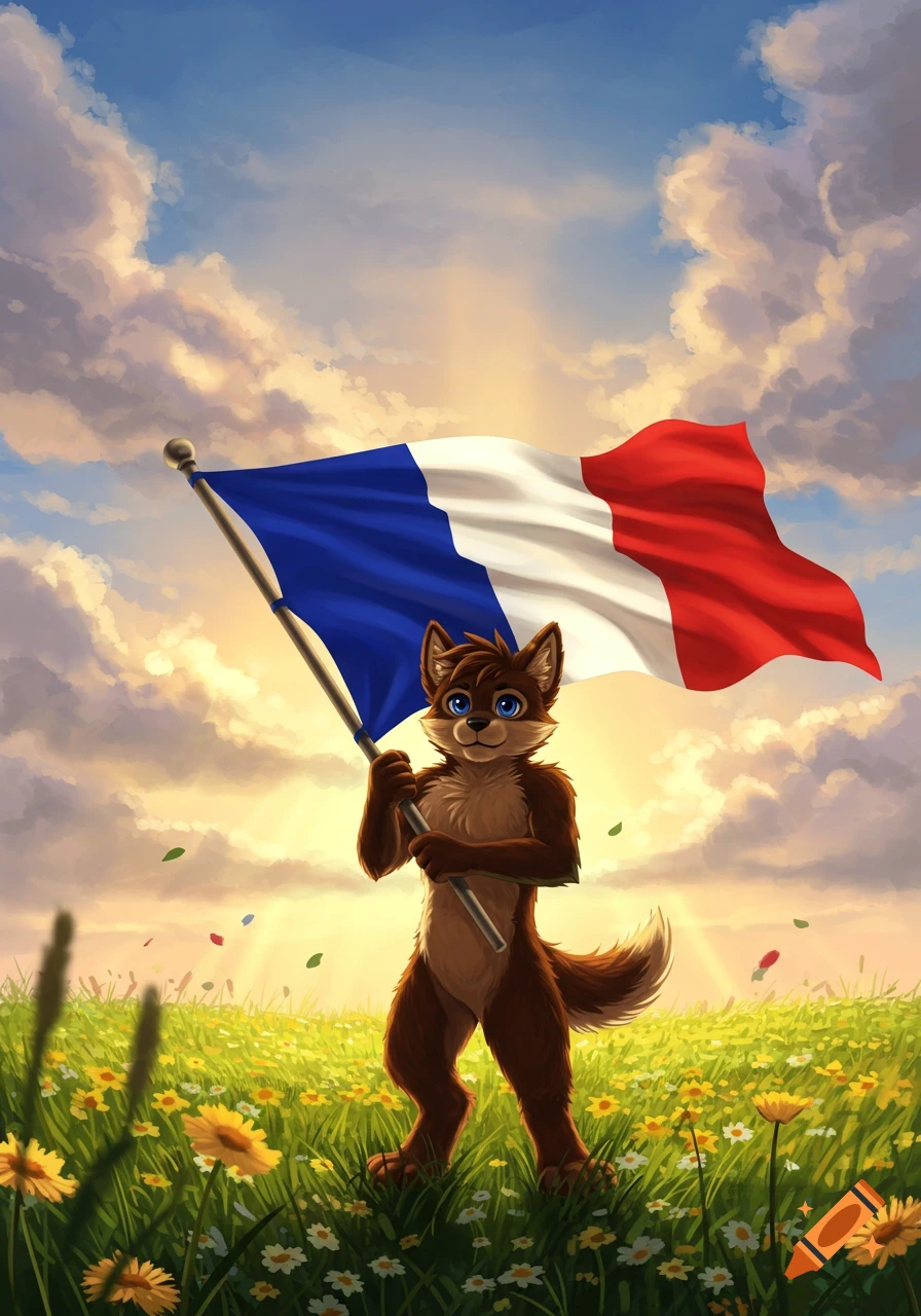 A brown furry anthropomorphic creature holds a French flag in a sunny, flower-filled field under a cloudy sky, digital illustration.