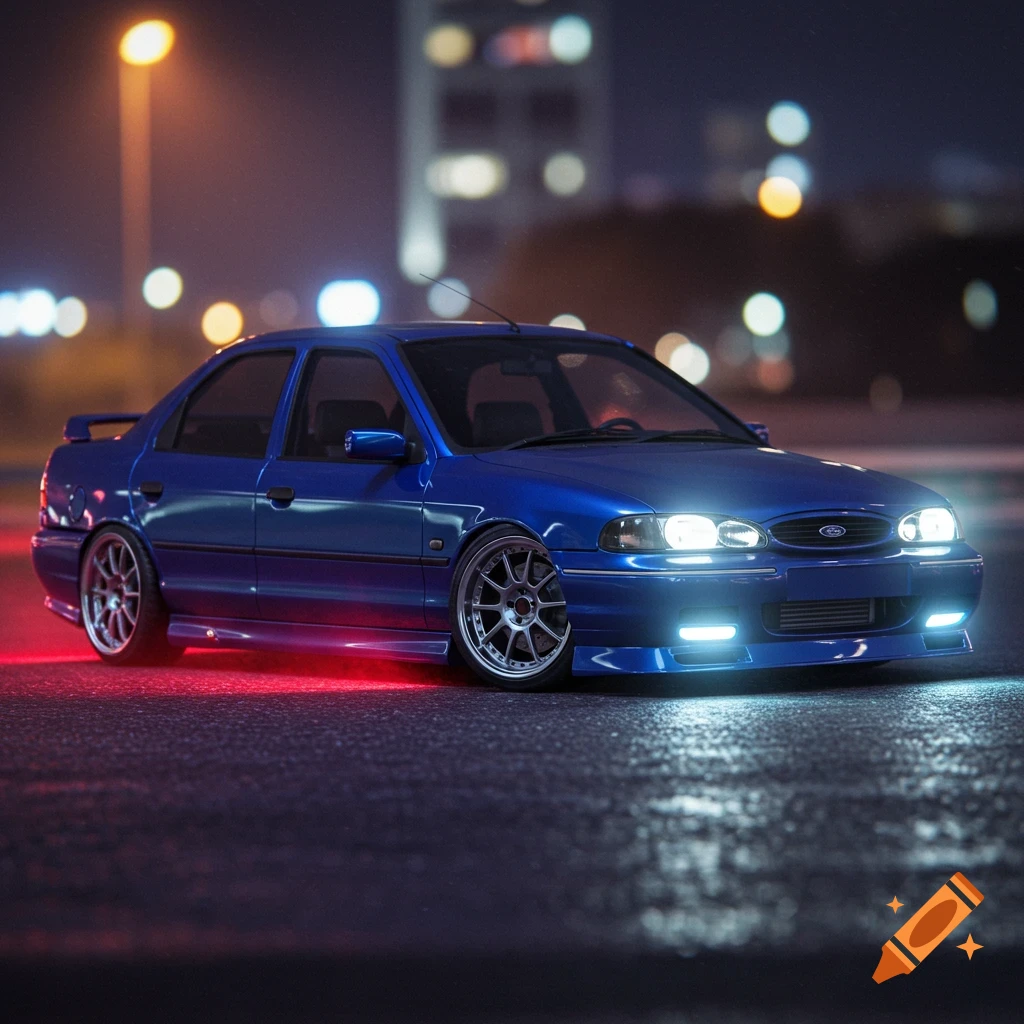 A photorealistic image of a blue modified Ford Mondeo sedan on a wet street at night, with glowing headlights and underglow.