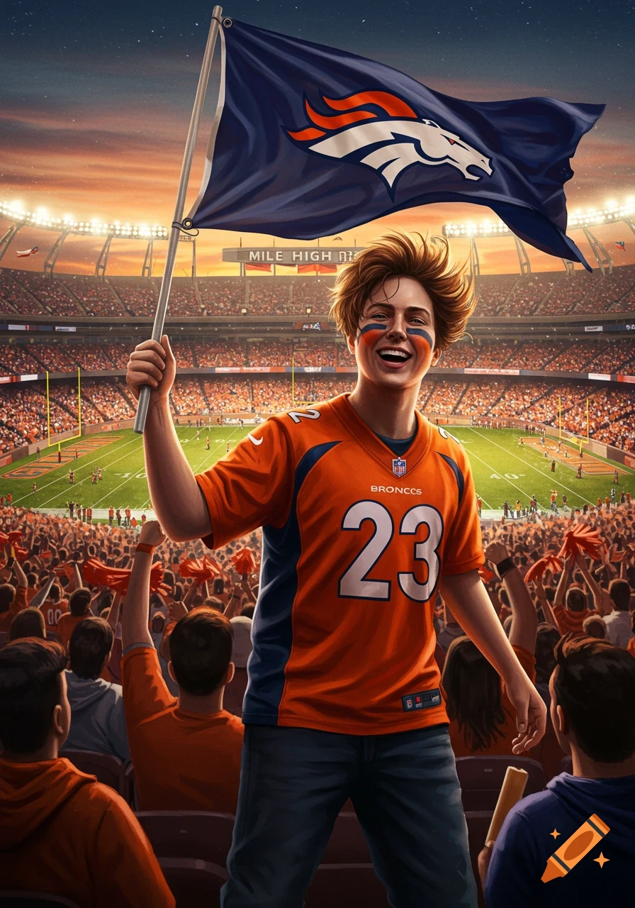 A jubilant Denver Broncos fan in a jersey and face paint holds a team flag high in a crowded football stadium at sunset.