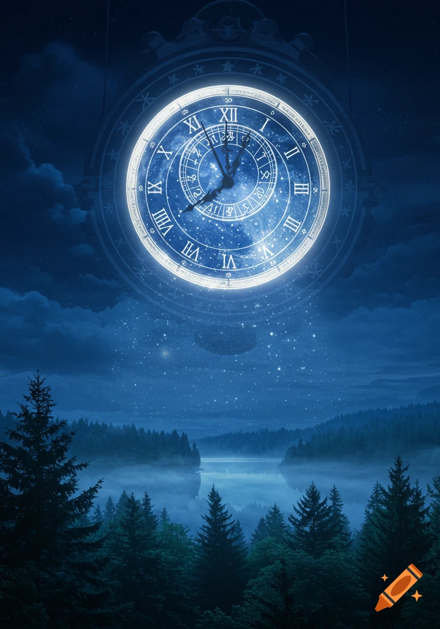 A majestic blue celestial clock hangs in a starry night sky above a misty forest and lake, casting a soft glow.