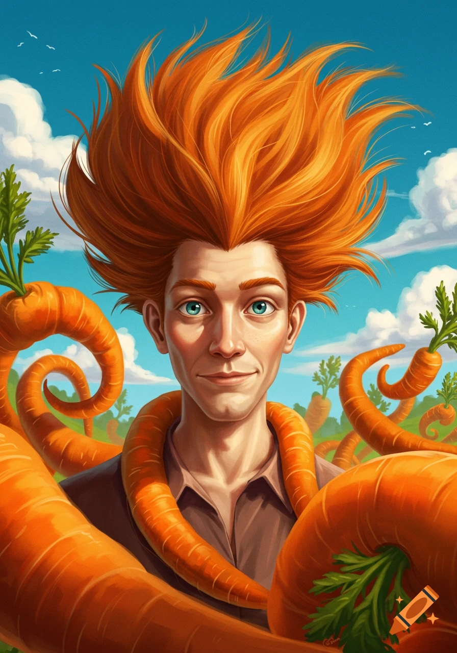 A stylized portrait of a man with bright orange, spiky hair made of carrots, smiling as large carrots curl around him under a blue sky.
