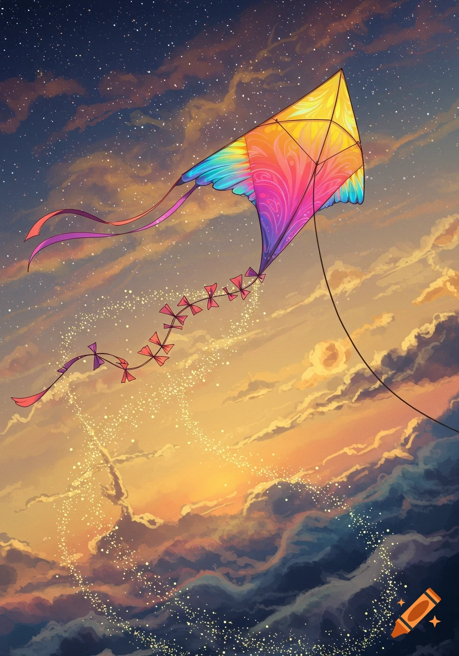 A vibrant, rainbow-colored kite with trailing ribbons flies against a twilight sky filled with golden-orange clouds and sparkling stars.