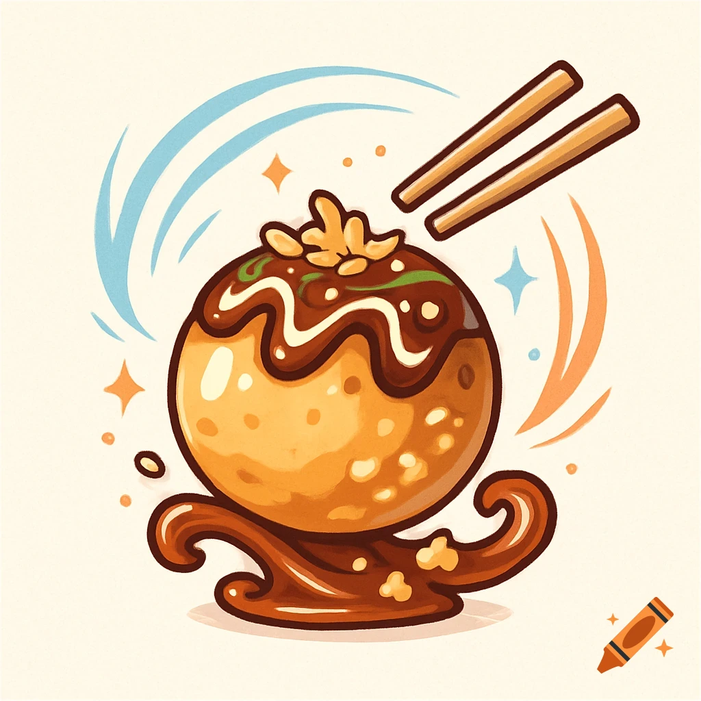 Anime-style illustration of a takoyaki with brown sauce, green garnish, and chopsticks, on a light background.