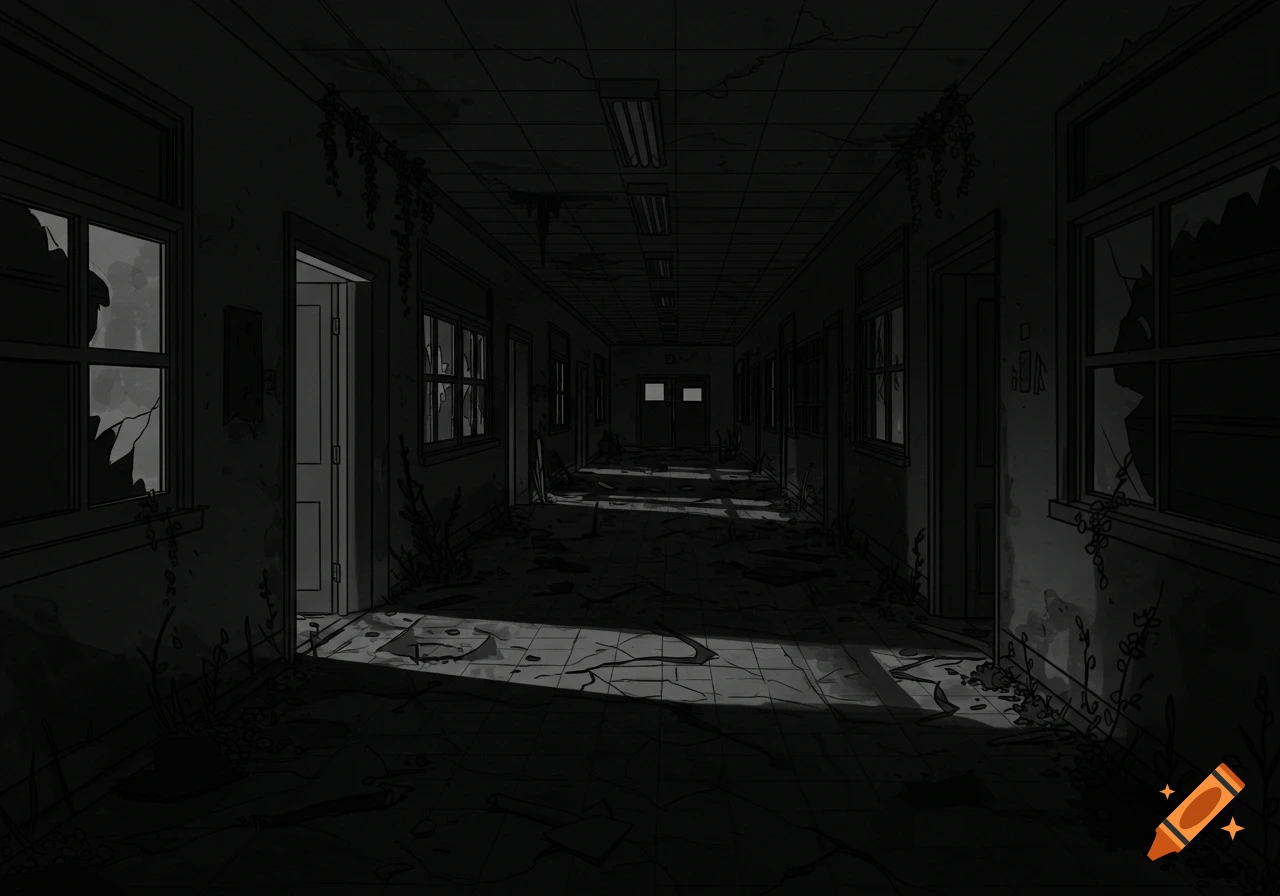 A dark, abandoned school hallway in a simple line art style, with broken windows, debris, and overgrown vines.
