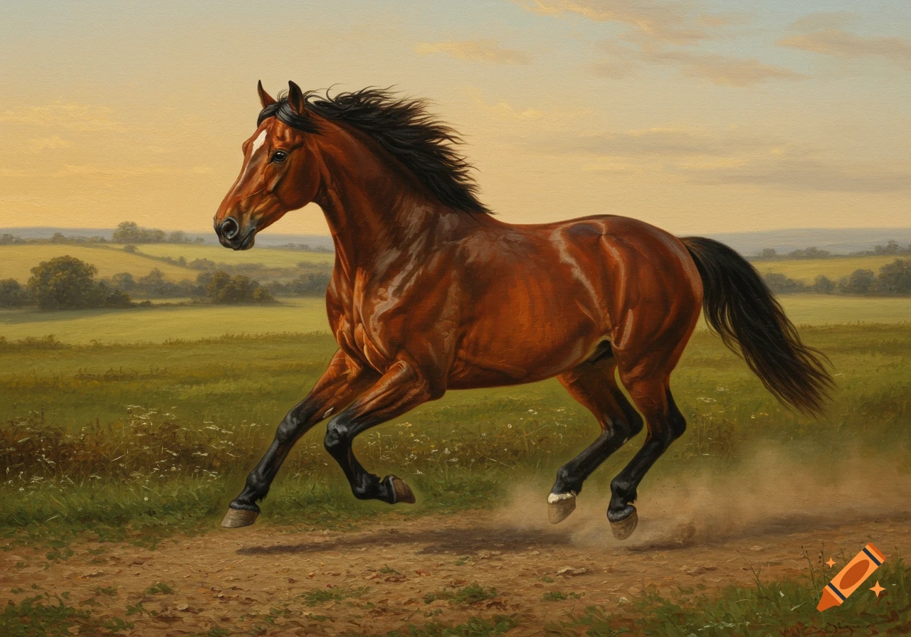 A brown horse with a black mane gallops through a green field at sunset, in the style of a classic oil painting.