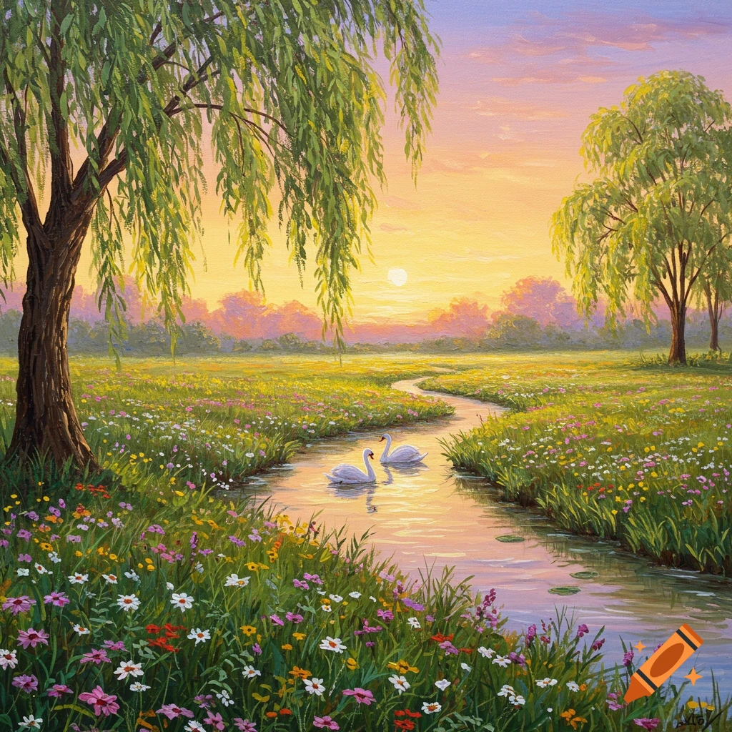 Vibrant painting of a sunset over a winding stream in a wildflower meadow with a weeping willow and two swans.