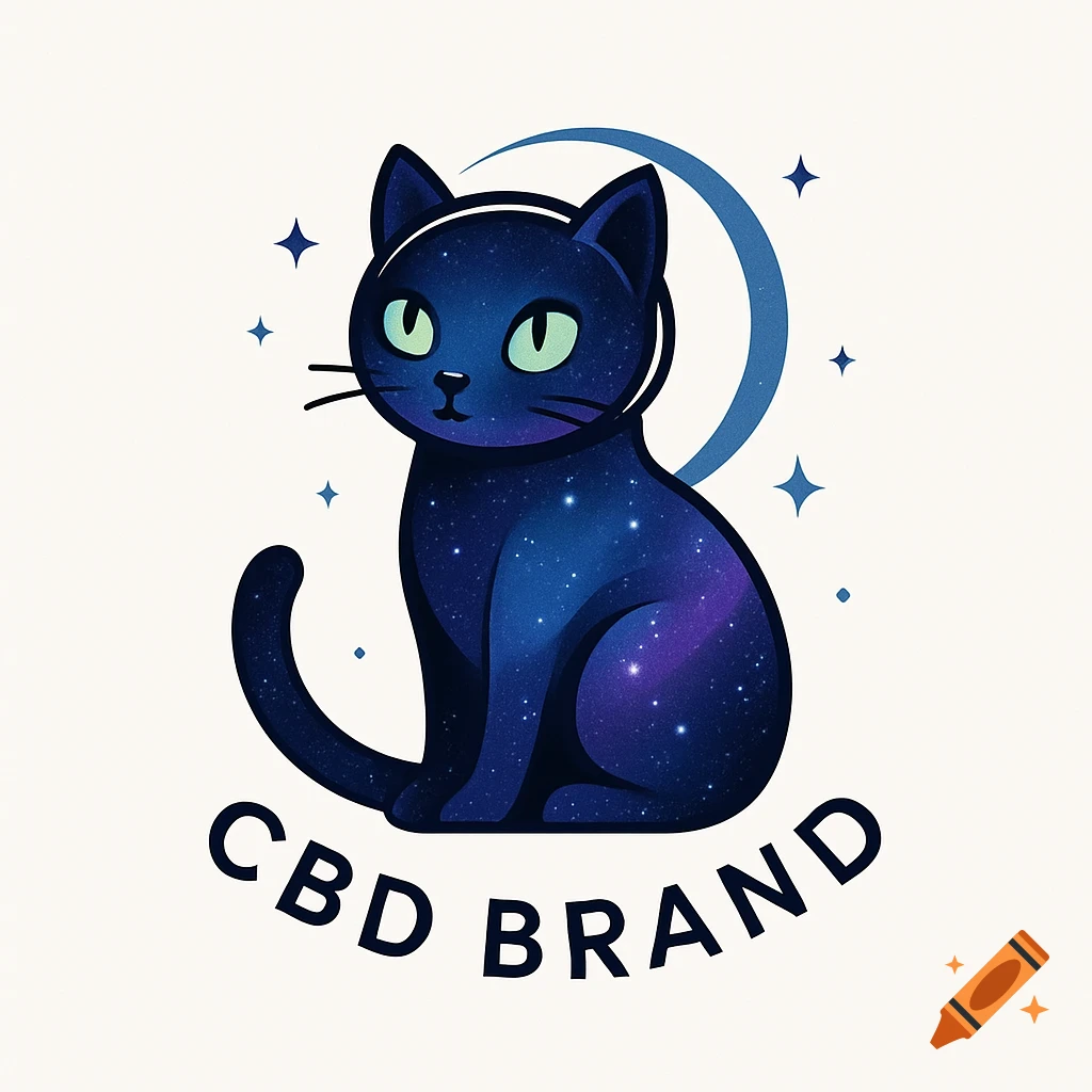 A stylized blue galaxy cat logo sitting with a crescent moon and stars, with 'CBD BRAND' text below.