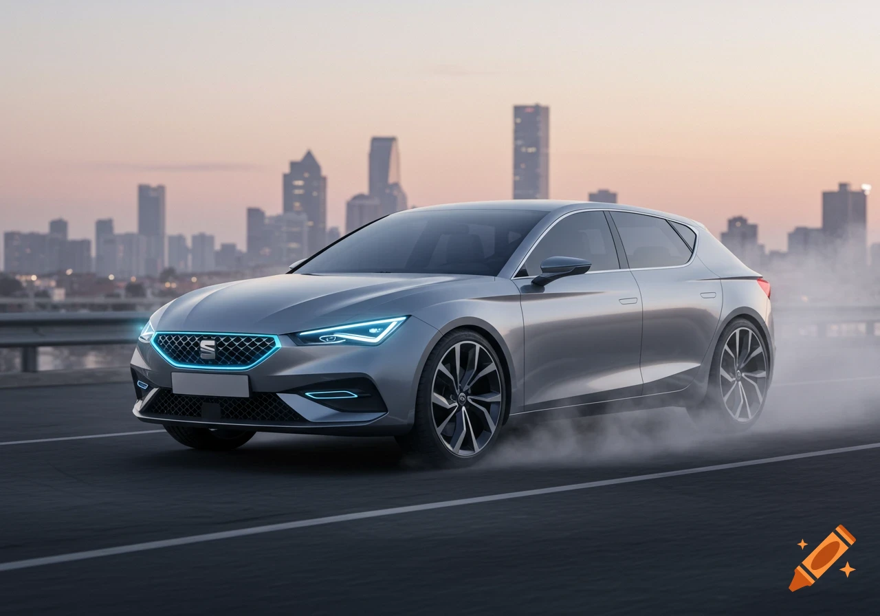 A sleek silver modern prototype car with glowing blue headlights drives on a road with a city skyline in the background at dusk.