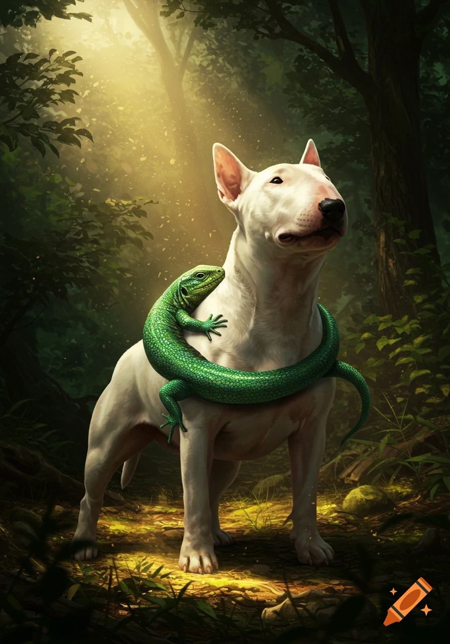 A white Bull Terrier dog stands in a sunlit forest, with a bright green lizard wrapped around its neck. Digital painting.