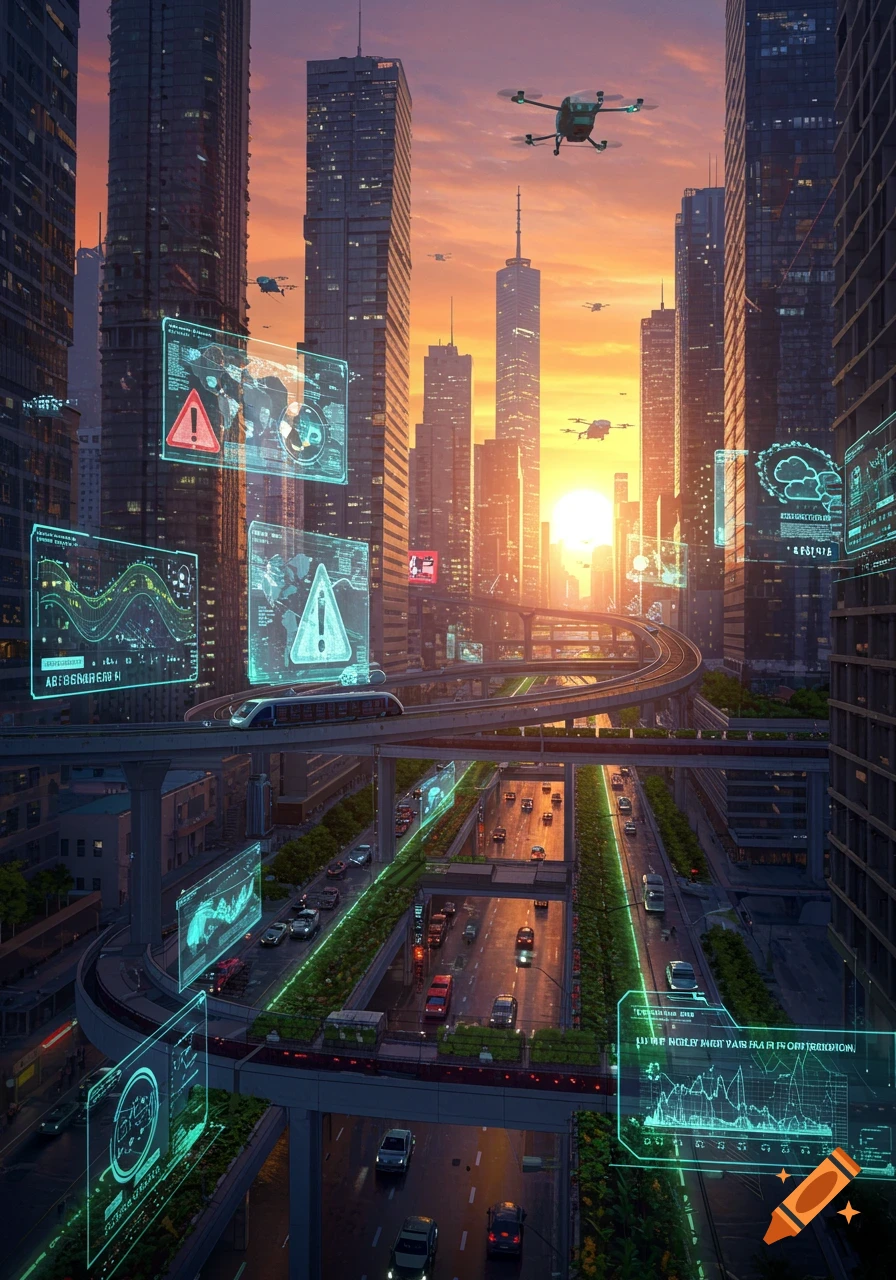 A futuristic city at sunset with skyscrapers, elevated highways, drones, and holographic data displays.