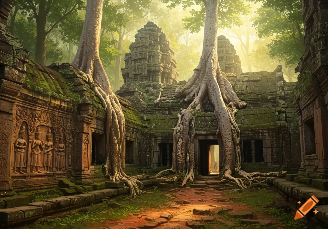 Ancient stone temple ruins overgrown with massive tree roots, bathed in sunlight in a lush jungle.