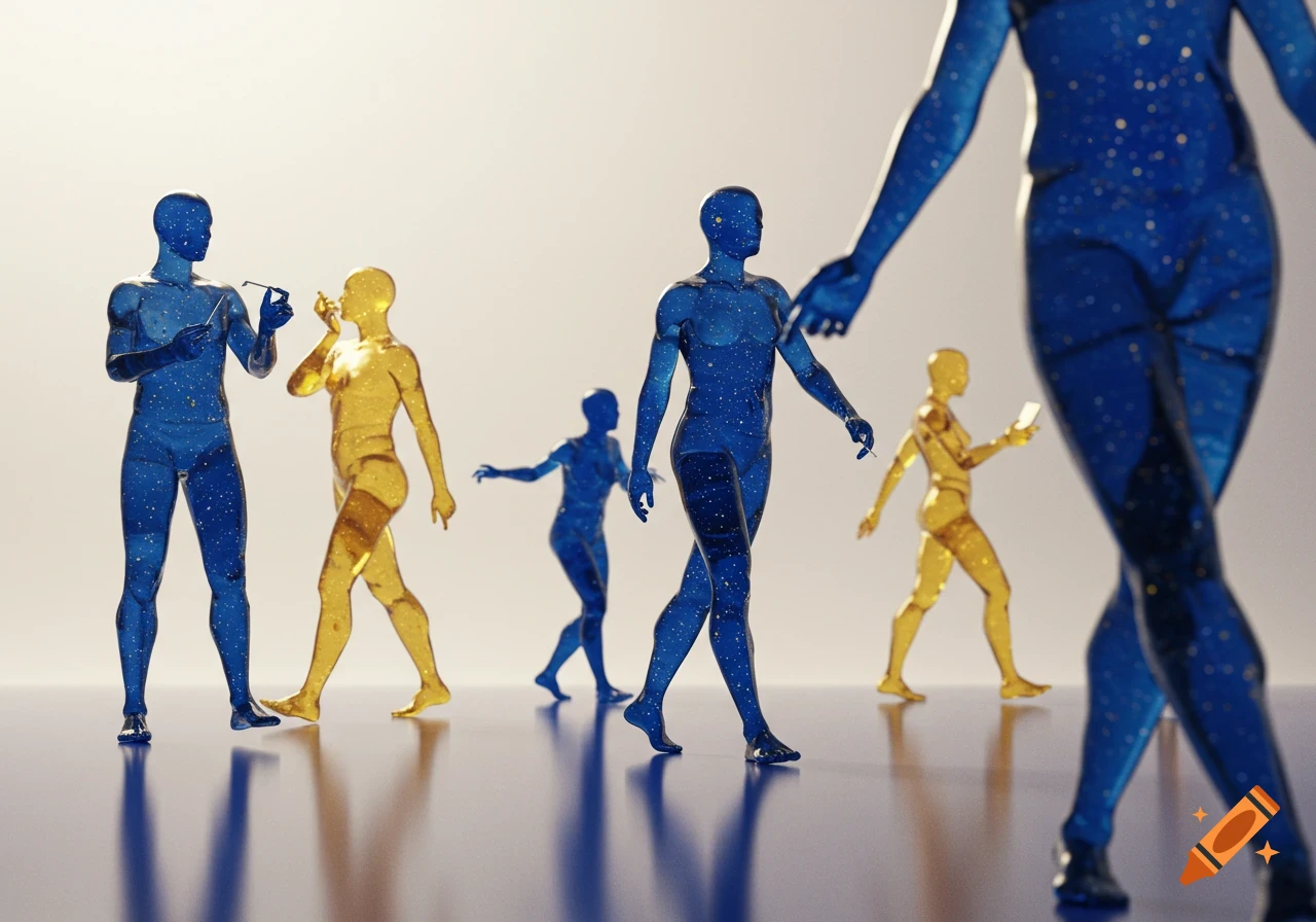 Translucent, speckled blue and gold humanoid figures walk on a reflective surface against a white background.