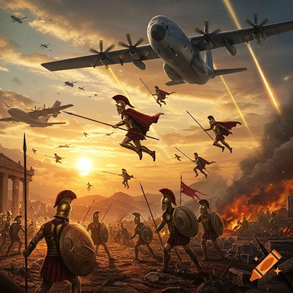 Fantastical digital art of Spartan warriors jumping from C-130 planes into a fiery battlefield at sunset, with ground troops fighting among ruins.