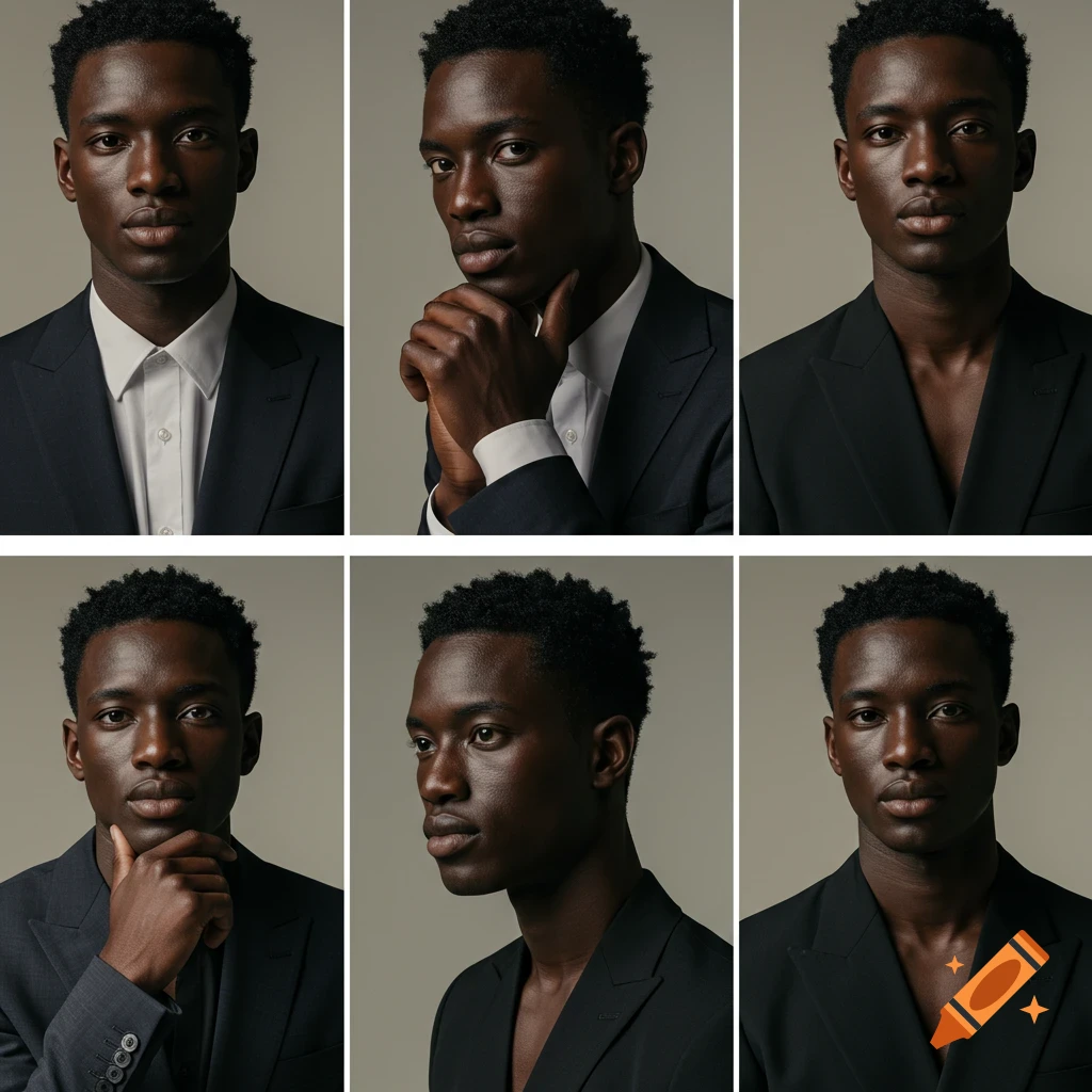 Six photorealistic portraits of a dark-skinned male model in various poses, wearing suits.