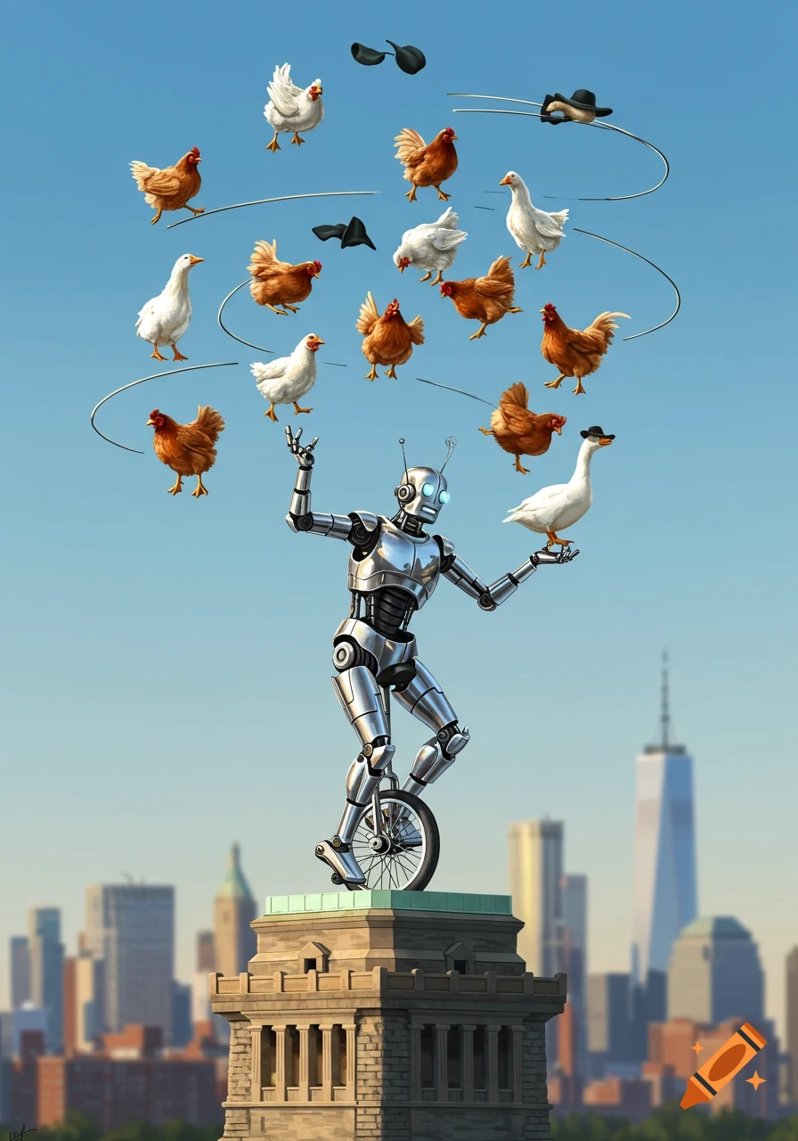 A chrome robot rides a unicycle on the Statue of Liberty's base, juggling chickens and a goose in a fedora against a city skyline.