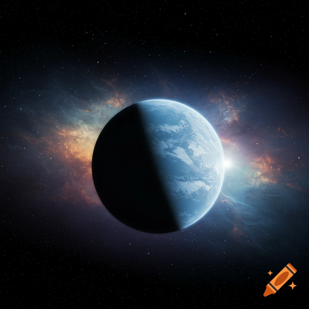 A blue planet, half lit, against a backdrop of a colorful nebula and scattered stars in deep space.