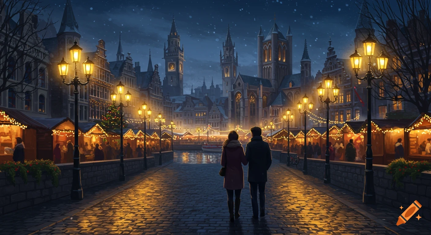 A couple walks through a warmly lit Christmas market with cobblestone streets, historic buildings, and lights reflected in a canal at night.