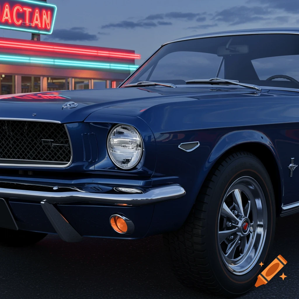 Dark blue classic car, possibly a 1967 Mustang, parked at dusk in front of a building with glowing red and blue neon signs.