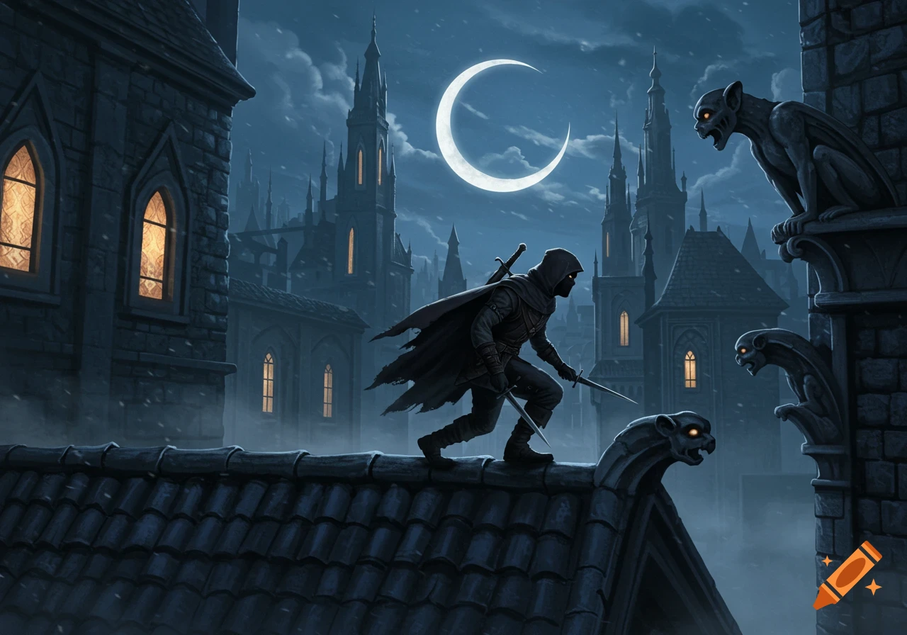 A hooded thief crouches on a gothic rooftop at night, holding a dagger, with gargoyles and a city skyline under a crescent moon.