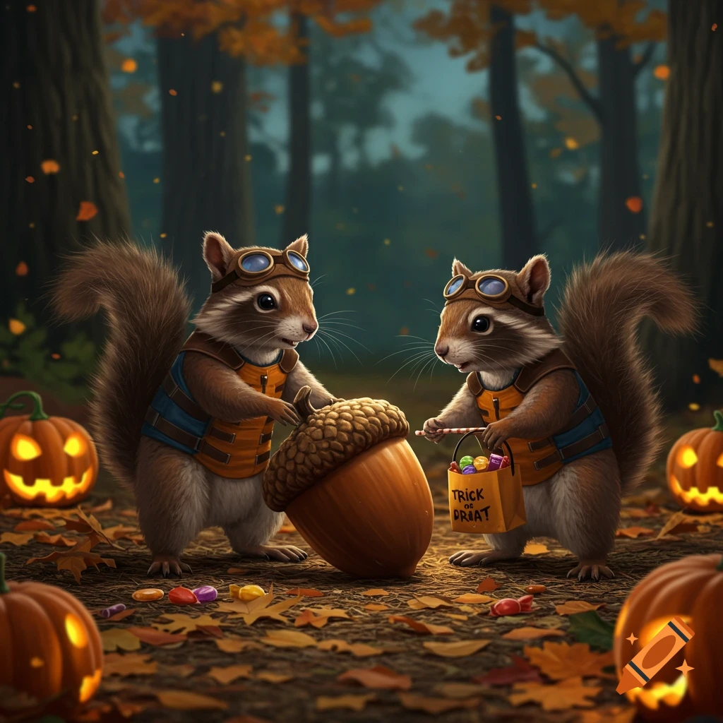 Two anthropomorphic squirrels in pilot goggles and vests, one holding a trick-or-treat bag, stand with a giant acorn in an autumn forest with jack-o'-lanterns.